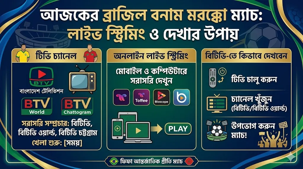 ব্রাজিল ও মরক্কো ম্যাচে আজ ১৪ জুন, ২০২৬ যেভাবে খেলা দেখবেন